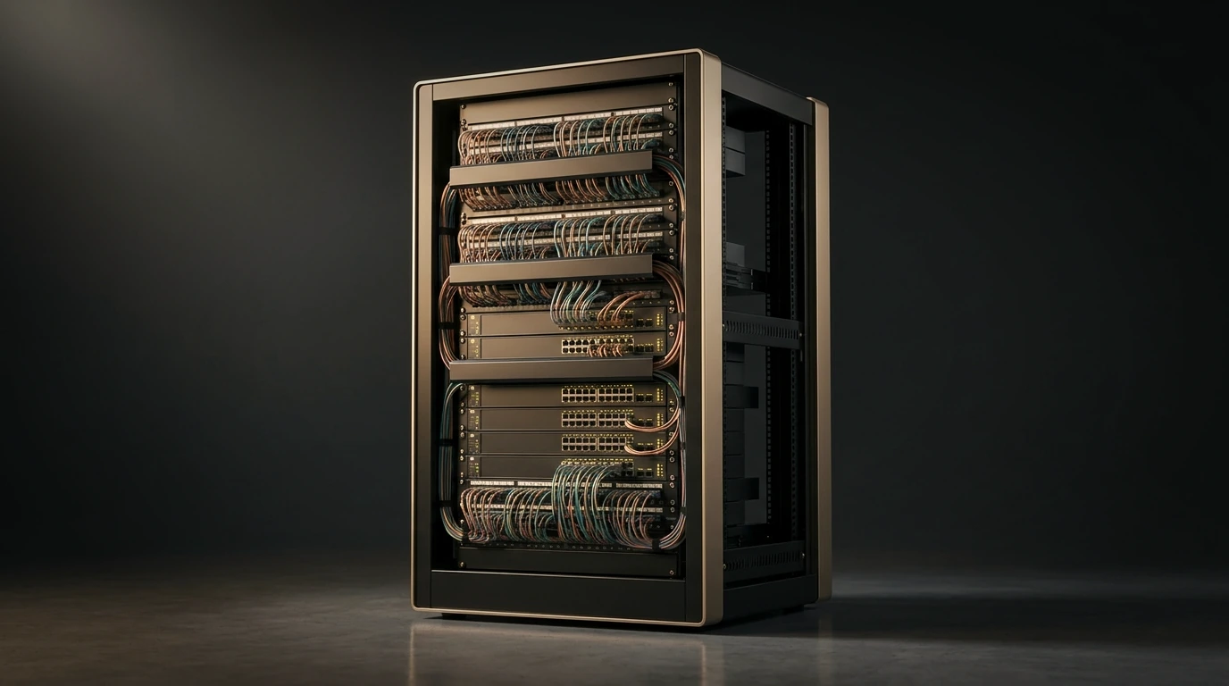 Network server rack with structured cabling, patch panels and switches