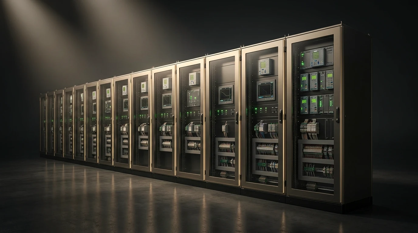 Lineup of high-voltage substation protection and control panels with digital relays